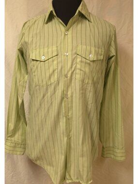Vtg 70s 80s Unitog Men L 15-15.5 Green Stripe Long Sleeve Button Up Work Shirt